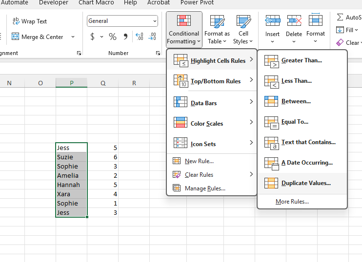 Showing Duplicate Values selection on the Conditional Formatting menu.