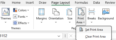 Page Layout Menu showing the Set Print Area selected.